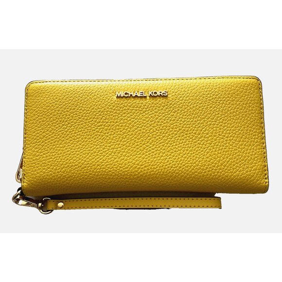 New Michael Kors Jet Set Large Travel Continental Wallet Leather Daisy Yellow - Picture 1 of 5